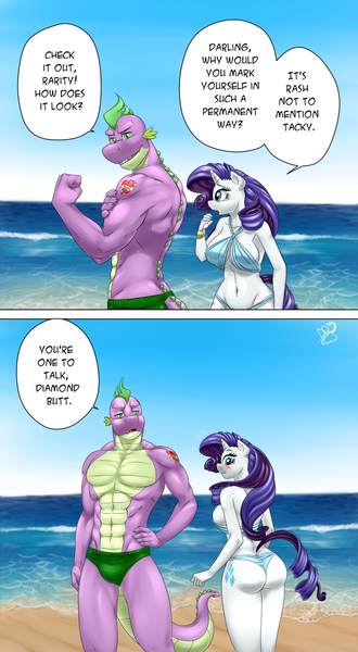 Size: 700x1272 | Tagged: questionable, artist:pia-sama, derpibooru import, rarity, spike, anthro, abs, beach, beefspike, belly button, bikini, blue swimsuit, blushing, bocas top, breasts, burn, busty rarity, clothes, crotch bulge, cutie mark, embarrassed, eyeshadow, female, flexing, green swimsuit, hand on hip, irony, lidded eyes, looking back, makeup, male, muscles, older, older spike, open mouth, rearity, shipping, smiling, sparity, speech bubble, speedo, straight, swimsuit, tattoo, the ass was fat, thong swimsuit, water