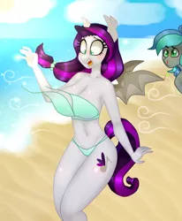 Size: 1072x1300 | Tagged: suggestive, artist:kaikururu, derpibooru import, oc, oc:sweet hum, oc:swift edge, unofficial characters only, anthro, bat pony, anthro oc, beach, bikini, blood, blushing, breasts, cleavage, clothes, couple, embarrassed, fangs, female, female focus, husband and wife, male, married, married couple, nosebleed, oc x oc, shipping, solo focus, straight, sweetedge, swimsuit, wardrobe malfunction