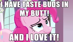 Size: 562x330 | Tagged: derpibooru import, hentai quotes, image macro, implied scat, meme, pinkie pie, plot, suggestive, taste buds, wat