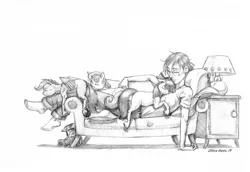 Size: 1300x892 | Tagged: apple bloom, artist:baron engel, couch, cuddling, cute, cutie mark crusaders, derpibooru import, eyes closed, floppy ears, human, lamp, lucky bastard, monochrome, on back, on top, pencil drawing, prone, safe, scootaloo, sleeping, smiling, snuggling, sweet apple acres, sweetie belle, traditional art, underhoof