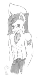 Size: 870x1773 | Tagged: abs, anthro, artist:mane-shaker, bedroom eyes, chest fluff, derpibooru import, ear fluff, looking at you, monochrome, oc, oc:mane shaker, solo, suggestive, tattoo, traditional art, unofficial characters only