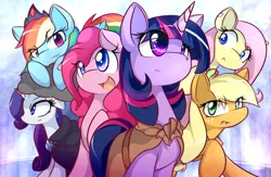 Size: 1280x832 | Tagged: safe, artist:dshou, derpibooru import, applejack, fluttershy, pinkie pie, rainbow dash, rarity, twilight sparkle, earth pony, pegasus, pony, unicorn, cloak, clothes, cloud, crown, ear piercing, female, freckles, hatless, looking up, lying down, mane six, mare, missing accessory, open mouth, piercing, raised hoof, simple background, smiling, smirk