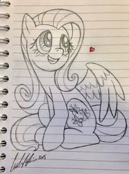 Size: 2324x3117 | Tagged: safe, artist:redapropos, derpibooru import, fluttershy, cute, daaaaaaaaaaaw, heart, lined paper, shyabetes, sitting, sketchbook, smiling, solo, spread wings, traditional art