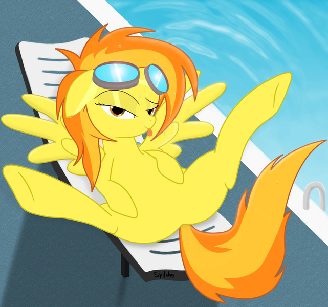 Size: 1425x1333 | Tagged: artist:spitshy, derpibooru import, featureless crotch, female, questionable, recolor, solo, solo female, spitfire, spreading, spread legs, stupid sexy spitfire, swimming pool