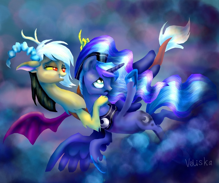 Size: 1828x1529 | Tagged: artist:veliska, derpibooru import, discord, eris, prince artemis, princess luna, rule 63, safe