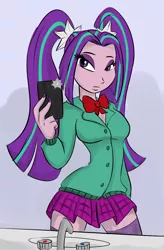 Size: 1244x1893 | Tagged: safe, artist:ponut_joe, color edit, derpibooru import, edit, aria blaze, equestria girls, bowtie, clothes, female, mirror, mobile phone, phone, selfie, sink, skirt, solo, uniform, zettai ryouiki