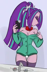 Size: 1244x1891 | Tagged: suggestive, artist:ponut_joe, color edit, derpibooru import, edit, aria blaze, equestria girls, bowtie, breasts, busty aria blaze, cleavage, clothes, female, mirror, mobile phone, panties, phone, selfie, sink, solo, solo female, underwear, undressing, uniform, white underwear