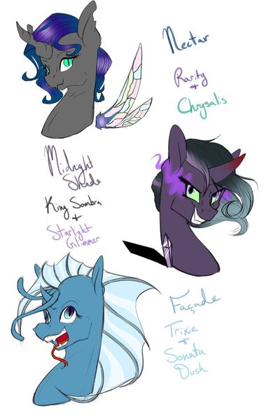 Size: 730x1095 | Tagged: safe, artist:farewelldecency, derpibooru import, oc, unofficial characters only, changeling, hybrid, siren, crack shipping, interspecies offspring, magical lesbian spawn, offspring, parent:king sombra, parent:queen chrysalis, parent:rarity, parent:sonata dusk, parent:trixie