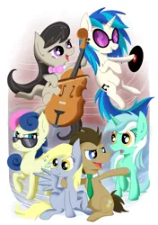 Size: 973x1386 | Tagged: safe, artist:rovaa, derpibooru import, bon bon, derpy hooves, doctor whooves, lyra heartstrings, octavia melody, sweetie drops, time turner, vinyl scratch, earth pony, pony, unicorn, slice of life (episode), adorabon, background six, bow (instrument), bowtie, cello, cello bow, cute, derpabetes, doctorbetes, female, glasses, lyrabetes, male, mare, musical instrument, necktie, open mouth, record player, secret agent sweetie drops, smiling, stallion, sunglasses, tavibetes, vinylbetes