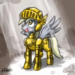 Size: 900x900 | Tagged: safe, artist:johnjoseco, derpibooru import, derpy hooves, pegasus, pony, armor, crepuscular rays, crossover, epic derpy, fantasy class, female, gil, gilgamesh, knight, mare, nightmare of druaga, open mouth, smiling, solo, spread wings, tower of druaga, warrior