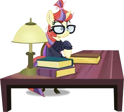 Size: 3689x3313 | Tagged: amending fences, artist:vector-brony, book, chair, clothes, derpibooru import, desk, frown, funny, glasses, lamp, moondancer, raised hoof, reaction, reaction image, safe, shocked, simple background, sitting, solo, sweater, table, transparent background, vector