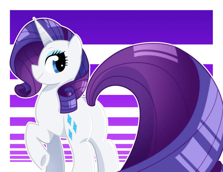 Size: 1024x791 | Tagged: safe, artist:kmwolf, derpibooru import, rarity, pony, unicorn, female, impossibly large tail, long tail, looking at you, looking back, mare, plot, raised hoof, smiling, solo, underhoof