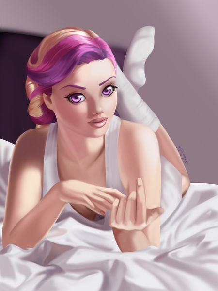 Size: 1500x2000 | Tagged: artist:jay156, beckoning, bed, bedroom eyes, clothes, come hither, derpibooru import, downblouse, human, humanized, on bed, on stomach, princess cadance, safe, seductive look, sexy, socks, stupid sexy princess cadance, uncanny valley