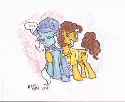 Size: 1045x850 | Tagged: safe, artist:boss-hoss1, derpibooru import, cheese sandwich, trixie, pony, unicorn, ask trixie and cheese, female, grin, hug, mare, smiling, traditional art, unamused