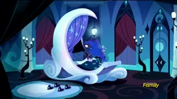 Size: 1920x1080 | Tagged: safe, derpibooru import, screencap, princess luna, alicorn, pony, do princesses dream of magic sheep, bed, bedroom, clothes, discovery family logo, ethereal mane, female, jewelry, luna's room, mare, regalia, slippers, solo, starry mane