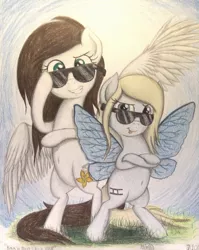 Size: 1072x1350 | Tagged: safe, artist:thefriendlyelephant, derpibooru import, oc, oc:blue, oc:coconut cake, unofficial characters only, butterfly pony, pegasus, pony, belly button, bipedal, butterfly wings, duo, grass, smiling, sunglasses, tongue out, traditional art, wings