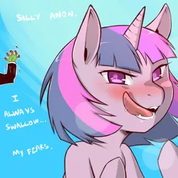 Size: 500x500 | Tagged: artist:cold-blooded-twilight, biting, blushing, cold blooded twilight, derpibooru import, food, hand, human, nom, oc, oc:anon, quesadilla, revenge, safe, twilight sparkle