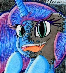 Size: 1263x1398 | Tagged: safe, artist:the1king, derpibooru import, nightmare moon, princess luna, alicorn, pony, do princesses dream of magic sheep, corrupted, cracks, crying, duality, fangs, female, frown, hoof over mouth, mare, open mouth, sharp teeth, slit eyes, smiling, solo, teeth, traditional art, transformation