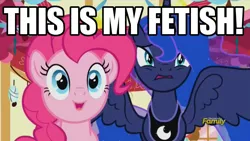 Size: 800x450 | Tagged: caption, cringing, derpibooru import, discovery family logo, disgusted, do not want, do princesses dream of magic sheep, duo, faic, image macro, meme, pinkie pie, princess luna, reaction image, safe, screencap, that is my fetish, varying degrees of want, want