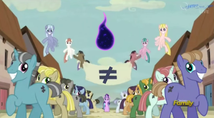 Size: 698x386 | Tagged: derpibooru import, do princesses dream of magic sheep, edit, episode, equal town banner meme, inequality sign, nightmare, safe, screencap, smug, smuglight glimmer, starlight glimmer, tantabus, the cutie map