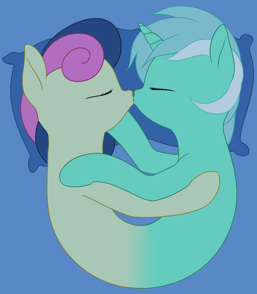 Size: 1675x1915 | Tagged: safe, artist:zippysqrl, derpibooru import, bon bon, lyra heartstrings, sweetie drops, do princesses dream of magic sheep, conjoined, eyes closed, female, fusion, it begins, kissing, lesbian, lyrabon, lyrabon (fusion), pillow, pushmi-pullyu, shipping, together forever, we have become one