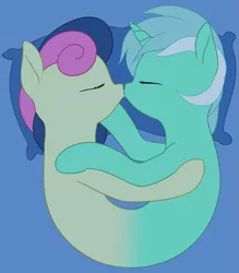 Size: 1675x1915 | Tagged: safe, artist:zippysqrl, derpibooru import, bon bon, lyra heartstrings, sweetie drops, do princesses dream of magic sheep, conjoined, eyes closed, female, fusion, it begins, kissing, lesbian, lyrabon, lyrabon (fusion), pillow, pushmi-pullyu, shipping, together forever, we have become one