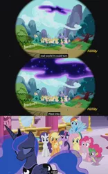 Size: 1600x2565 | Tagged: safe, derpibooru import, screencap, applejack, fluttershy, pinkie pie, princess luna, rainbow dash, rarity, spike, tantabus, twilight sparkle, twilight sparkle (alicorn), alicorn, pony, do princesses dream of magic sheep, cake, female, mane seven, mane six, mare, meme, youtube caption