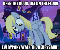 Size: 573x478 | Tagged: safe, derpibooru import, edit, edited screencap, screencap, derpy hooves, mayor mare, pegasus, pony, do princesses dream of magic sheep, background pony, cropped, derpysaur, female, giant derpy hooves, giant pony, giantess, image macro, macro, mare, meme, ponyville, song reference, walk the dinosaur, was (not was), was not was