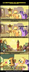 Size: 485x1197 | Tagged: applejack, appleloosa, braeburn, comic, derpibooru import, edit, edited screencap, fluttershy, over a barrel, poringa, rarity, safe, screencap, screencap comic, spanish, taringa, the simpsons, twilight sparkle