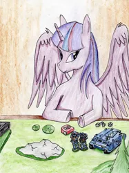 Size: 2378x3173 | Tagged: safe, artist:40kponyguy, derpibooru import, twilight sparkle, twilight sparkle (alicorn), alicorn, pony, bolter, dice, female, mare, metal bawkses, rhino tank, space marine, traditional art, ultramarine, warhammer (game), warhammer 40k