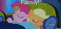 Size: 840x408 | Tagged: applejack, bed, derpibooru import, discovery family logo, do princesses dream of magic sheep, edit, edited screencap, female, pinkie pie, safe, screencap, shipping fuel, sleeping