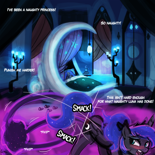 Size: 750x750 | Tagged: suggestive, artist:lumineko, derpibooru import, princess luna, tantabus, alicorn, pony, do princesses dream of magic sheep, bed, bedroom eyes, blushing, clothes, face down ass up, female, heart, looking back, luna's room, masochism, open mouth, punishment, slippers, smiling, solo, solo female, spanking, that was fast