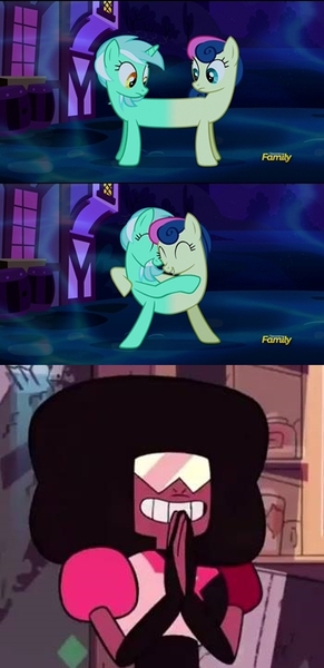 Size: 350x721 | Tagged: safe, derpibooru import, edit, edited screencap, screencap, bon bon, lyra heartstrings, sweetie drops, do princesses dream of magic sheep, adorabon, catdog, cute, discovery family logo, do ships need sails, female, fusion, garnet, garnet (steven universe), gem, grin, hug, lesbian, lyrabetes, lyrabon, lyrabon (fusion), pushmi-pullyu, shipping, steven universe, stronger than you, together forever, we have become one