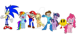 Size: 1024x452 | Tagged: applejack, artist:megablaster7, crossover, derpibooru import, mario, megaman, pac-man, pinkie pie, rainbow dash, safe, simple background, smiling, sonic the hedgehog, sonic the hedgehog (series), super mario bros., transparent background, twilight sparkle