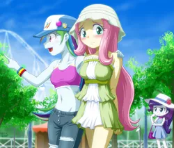Size: 1171x1000 | Tagged: safe, artist:uotapo, derpibooru import, fluttershy, rainbow dash, rarity, equestria girls, armpits, aside glance, badge, baseball cap, belly button, blushing, breasts, busty fluttershy, chibi, clothes, covering, cute, cutie mark, dashabetes, denim, dress, embarrassed, female, frown, handbag, hat, looking at you, midriff, open mouth, pants, pointing, roller coaster, short dress, shyabetes, sideways glance, smiling, sports bra, sun hat, torn clothes, uotapo is trying to murder us