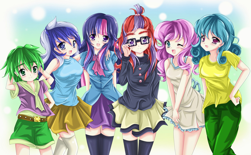 Size: 900x558 | Tagged: amending fences, anime, artist:kiriche, belt, canterlot five, clothes, derpibooru import, human, humanized, lemon hearts, minuette, moondancer, pants, safe, shorts, skirt, spike, twilight sparkle, twinkleshine