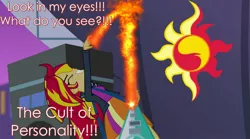 Size: 1280x714 | Tagged: safe, derpibooru import, edit, sunset shimmer, equestria girls, rainbow rocks, cult of personality, fiery shimmer, fire, guitar, image macro, living colour, lyrics, meme, metal, photoshop, song reference, sunset shimmer: greatest in the world