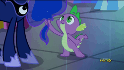 Size: 900x506 | Tagged: safe, derpibooru import, screencap, princess luna, spike, do princesses dream of magic sheep, animated, cute, discovery family logo, eyebrow wiggle, hair pulling, pulling, spikabetes, tugging