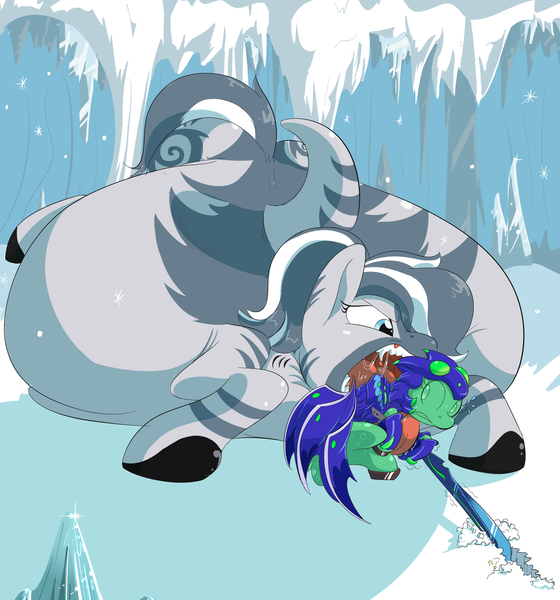 Size: 2800x3000 | Tagged: questionable, artist:anonopony, derpibooru import, oc, oc:matcha, oc:nia, unofficial characters only, zebra, belly, drool, fangs, fat, fat fetish, fetish, ice, impossibly large belly, monster hunter, obese, shark fin, size difference, snow, sword, tongue out, vore, weapon, zamtrios, zebra oc