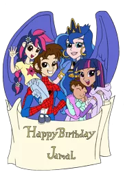 Size: 2538x3495 | Tagged: safe, artist:edcom02, artist:jmkplover, derpibooru import, princess luna, twilight sparkle, oc, oc:ben parker sparkle, oc:mayday parker sparkle, human, equestria girls, amethyst sorceress, crossover, crossover shipping, family, father and daughter, gift art, happy birthday, humanized, humanized oc, mother and son, offspring, parent:peter parker, parent:twilight sparkle, parents:spidertwi, peter parker, shipping, simple background, spider-man, spiders and magic ii: eleven months, spiders and magic iii: days of friendship past, spiders and magic iv: the fall of spider-mane, spiders and magic: rise of spider-mane, spidertwi, transparent background