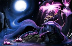Size: 1920x1242 | Tagged: safe, artist:silfoe, derpibooru import, princess luna, alicorn, pony, do princesses dream of magic sheep, beautiful, ethereal tail, eyes closed, female, floppy ears, lotus (flower), luna's dream, mare, missing accessory, moon, night, outdoors, prone, scene interpretation, sleeping, smiling, solo, stars, surreal, that was fast, water