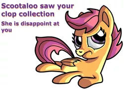 Size: 1023x731 | Tagged: suggestive, artist:fillerartist, derpibooru import, scootaloo, pegasus, pony, angry, caught, clop, disappointed, filly, frown, lying down, reaction, side, sitting, solo, text