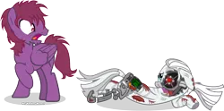 Size: 3872x1920 | Tagged: semi-grimdark, artist:vector-brony, derpibooru import, oc, oc:crystal eclair, oc:tooty fruity, unofficial characters only, cyborg, pegasus, pony, zebra, fallout equestria, fallout equestria: influx, damaged, despair, shock, simple background, tootyeclair, transparent background, vector