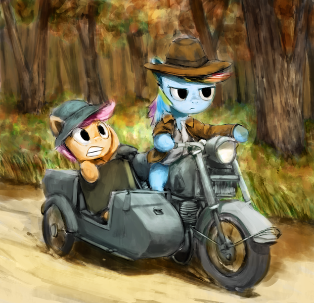 Size: 6000x5799 | Tagged: safe, artist:anticular, derpibooru import, rainbow dash, scootaloo, pegasus, pony, absurd resolution, clothes, crossover, duo, duo female, female, filly, indiana jones, kallisti, mare, motorcycle