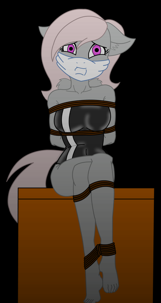 Size: 1600x3000 | Tagged: anthro, artist:dimondium, artist:ryuseihikari, barefoot, bondage, bound wings, box tied, breast bondage, breasts, clothes, cloth gag, colored, derpibooru import, desk, feet, female, gag, latex, looking at you, nervous, oc, oc:violet, one-piece swimsuit, pegasus, plantigrade anthro, rope, rope bondage, solo, solo female, suggestive, swimsuit, unofficial characters only