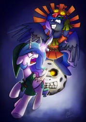 Size: 4772x6709 | Tagged: safe, artist:anticular, derpibooru import, princess celestia, princess luna, twilight sparkle, alicorn, fairy, pony, absurd resolution, crossover, duo, duo female, female, grin, link, mare, moon, nintendo, skull kid, smiling, tatl, termina's moon, the legend of zelda, the legend of zelda: majora's mask