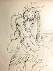 Size: 767x1024 | Tagged: safe, artist:huyun0, derpibooru import, discord, fluttershy, carrying, discoshy, female, jealous, male, monochrome, shipping, sketch, straight, traditional art, yanderecord