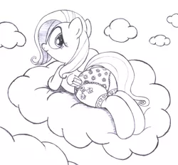 Size: 3090x2870 | Tagged: artist:an-tonio, clothes, cloud, derpibooru import, female, flower pattern underwear, flutterbutt, fluttershy, frilly underwear, looking back, monochrome, panties, plot, socks, solo, solo female, suggestive, traditional art, underwear