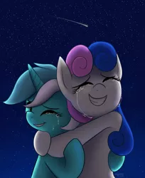 Size: 1000x1223 | Tagged: safe, artist:saber-panda, derpibooru import, bon bon, lyra heartstrings, sweetie drops, earth pony, pony, unicorn, best friends, crying, eyes closed, female, grin, hug, lesbian, lyrabon, mare, night, shipping, shooting star, smiling, tears of joy