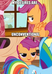 Size: 697x1000 | Tagged: suggestive, derpibooru import, edit, edited screencap, screencap, rainbow dash, scootaloo, bedroom eyes, caption, female, fifty shades of grey, image macro, implied foalcon, lesbian, meme, movie reference, my desires are unconventional, reference, scootadash, screencap comic, shipping